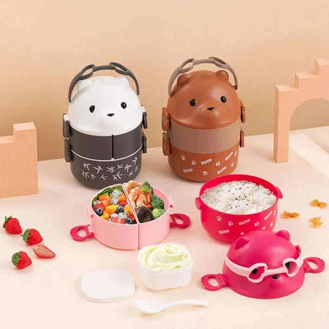 Stackable Bento Box Portable Cute Cartoon Children Lunch Box Double Layer Food Storage Container Eyeglass Bear Thermal Bento Box
