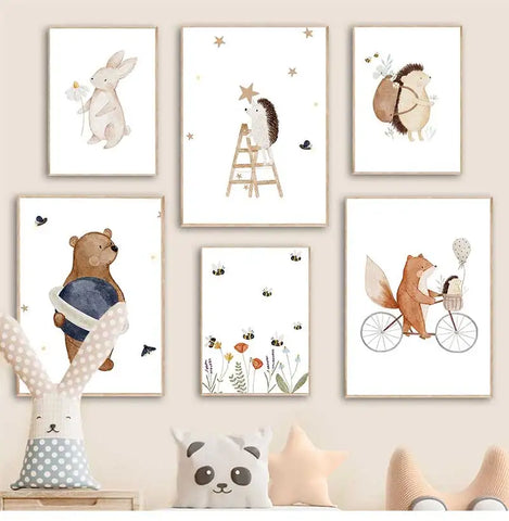 Boho Cartoon Canvas Painting, Fox, Rabbit, Bee, Bear, Hedgehog, Flower Posters, Art Prints, Wall Photos, Baby, Kids Room