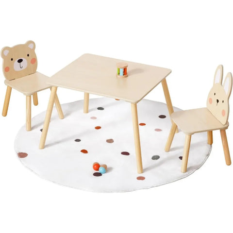 Wooden Kids Table and Chair Set, Waterproof Desktop Adorable Toddler Table Chairs Set with 2 Animal Chairs