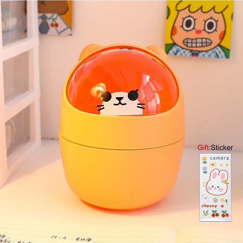 Ins Style Creative Cute Home Desktop with Lid Trash Can Small Mini Kawaii Bedroom Desk Storage Box Pen Holder Give A Sticker