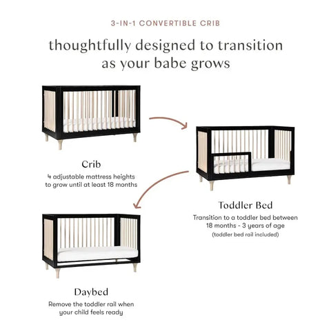 Babyletto Lolly 3-in-1 Convertible Crib with Toddler Bed Conversion Kit in Black and Washed Natural, Greenguard Gold Certified