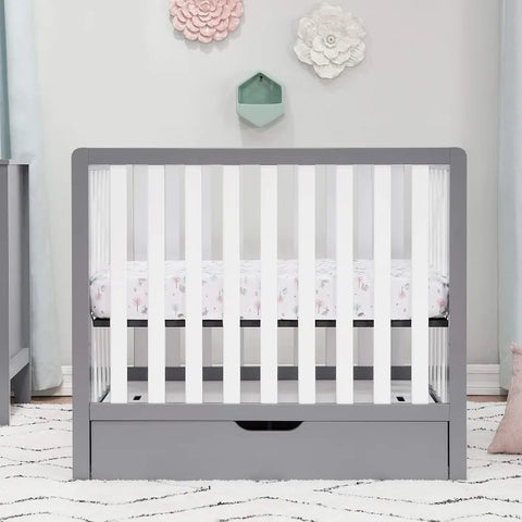 4-in-1 Convertible Mini Crib with Trundle Drawer in Grey and White, Greenguard Gold Certified, Undercrib Storage