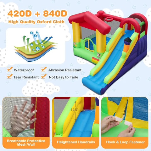 Inflatable Bounce House with 735w Blower Jumping Bouncy House for Kids with Slide Climbing Wall Indoor Outdoor Toddler Bouncing