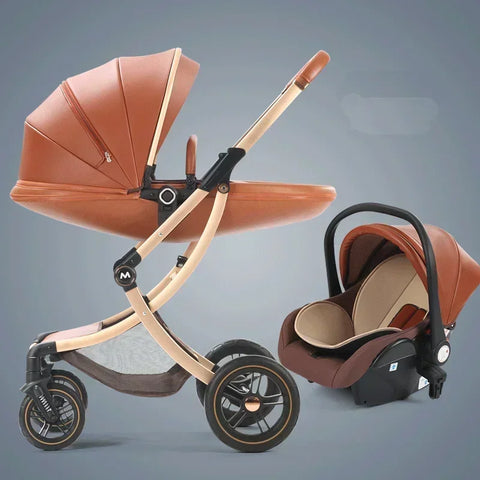 Baby Stroller 3in1,Luxury Baby Carriage with Car Seat,Eggshell Newborn Stroller Leather High Landscape PU leather