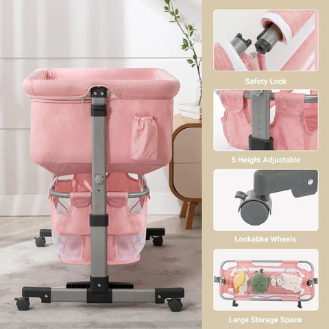 Baby Bassinet, Bedside Sleeper with Wheels, Heigt Adjustable, for Infant/Baby/Newborn Girls & Boys 0-6 Months, Pink