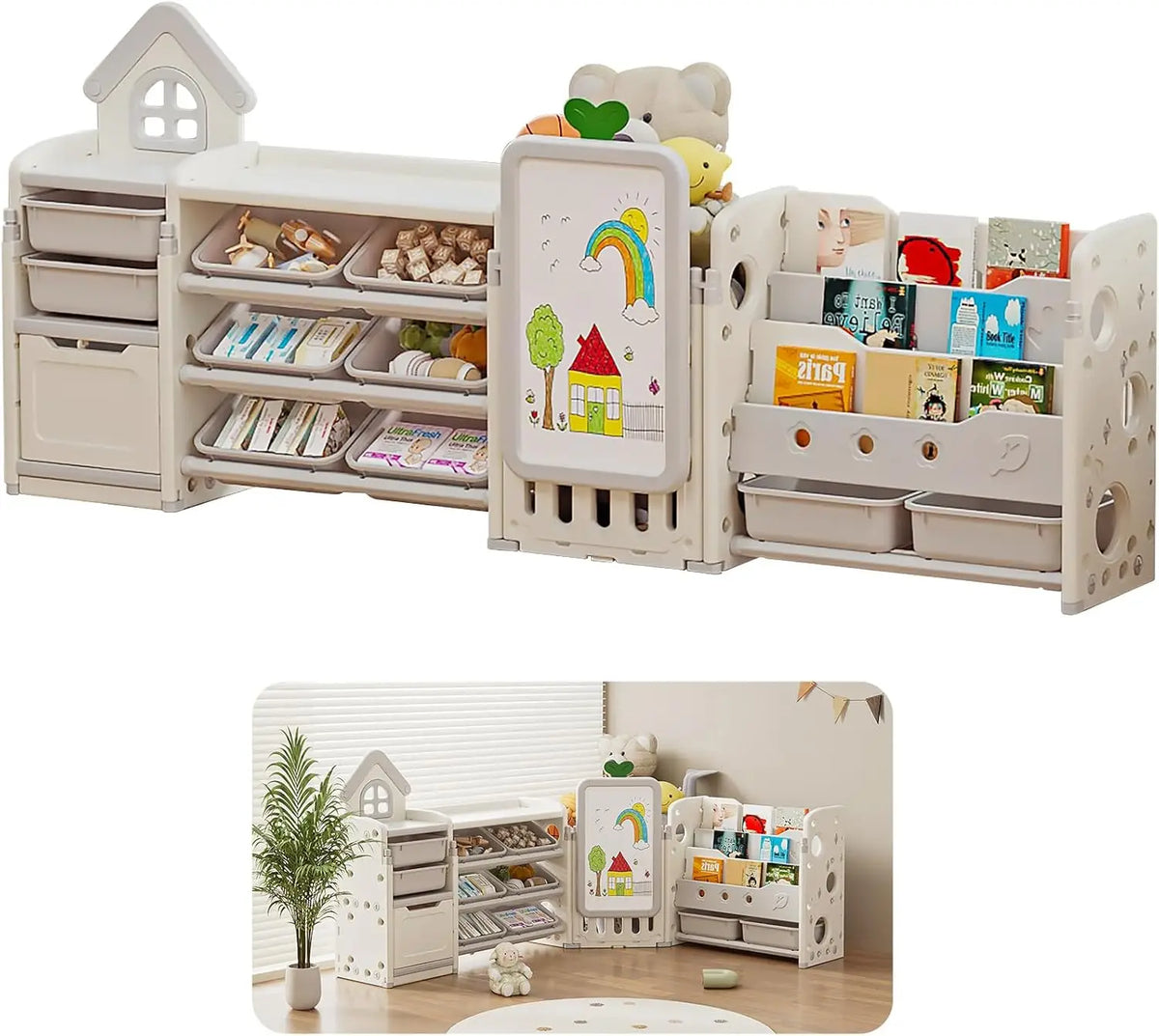Kids Multifunctional Toy Storage Organizer with 3-Tier Bookshelf, Storage Rack & Drawing Board, Flexible L Shaped Organizer