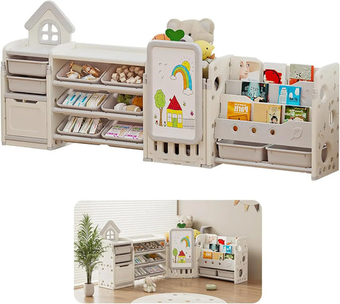 Kids Multifunctional Toy Storage Organizer with 3-Tier Bookshelf, Storage Rack & Drawing Board, Flexible L Shaped Organizer
