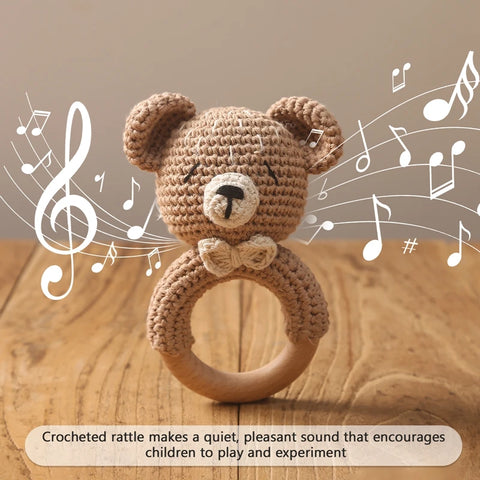 1PC Crochet Animal Bear Rattle Toy Soother Bracelet Wooden Teether Ring Baby Product Mobile Pram Crib Wooden Toys Newborn Gifts