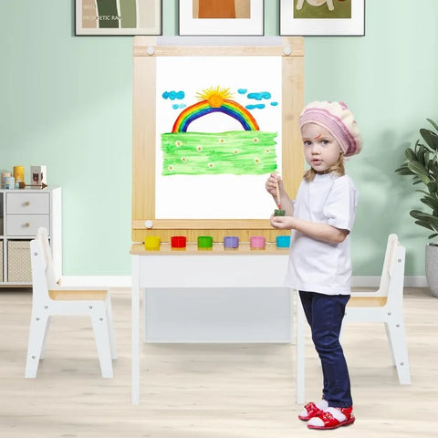 2 in 1 Kids Art Table and Chair Set, Toddler Craft Play Wood Activity Desk with 2 Chairs Storage Canvas Bins Paper Roll