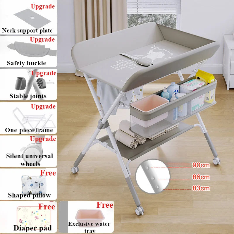 Portable Baby Changing Table for Nursery Height Adjustable Foldable Diaper Table with Swivel Wheels Drying Rack Large Storage