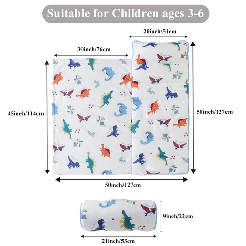 Dinosaurs Printed Sleeping Bag with Removable Pillow Soft Sleeping Mat for Boys Girls Preschool Ages 3-6 Years 100% Cotton