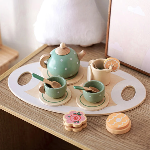 Wooden Afternoon Tea Set Toy Kitchen Accessories Tea Party Food Play Early Educational Toys for Toddlers Girls Boys Kids Gifts