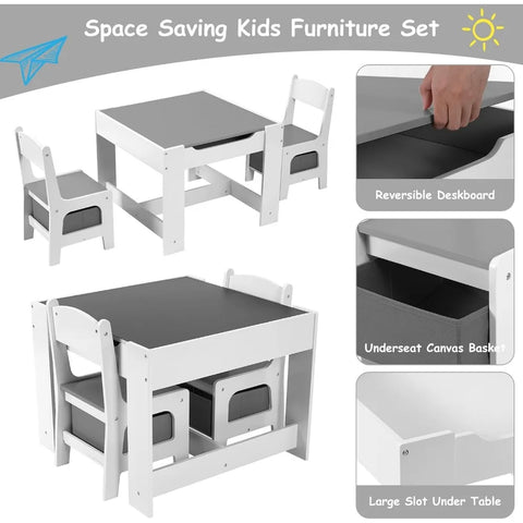 Kids Table & 2 Chairs Set, 3 in 1 Wooden Toddler Activity Table w/Blackboard, Storage, Removable Tabletop