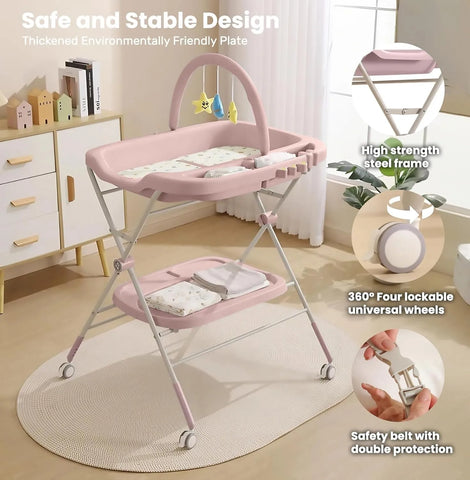 Baby Portable Diaper Changing Table, Folding Diaper Changing Station with Wheels, Adjustable Height Diaper Station with Nursery