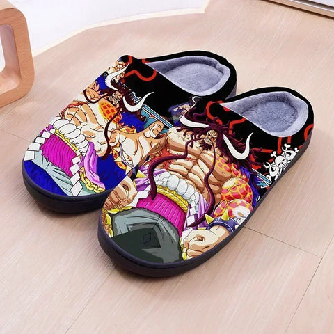 ONE PIECE Cartoon Warm Plush Cosplay Slippers Couple's Indoor Non-slip House Slides Men And Women Toe Wrap Home Cotton Shoes