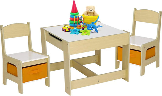 Kids Table & 2 Chairs Set, 3 in 1 Wooden Toddler Activity Table w/Blackboard, Storage, Removable Tabletop
