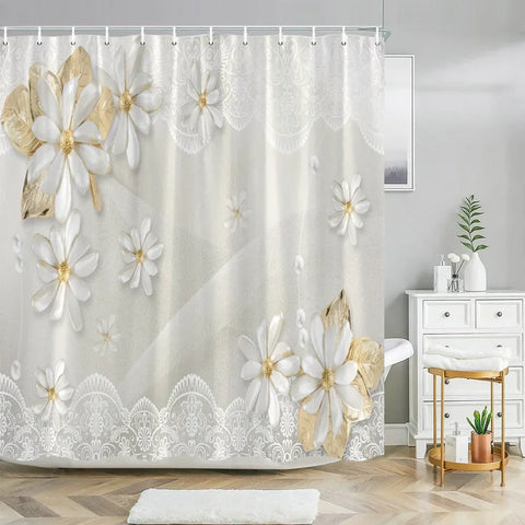 Elegant Bouquet of Fantastic White Flowers 3D Style Shower Curtain Bathroom Curtain with Bath Rug Carpet Set Floral Home Decor