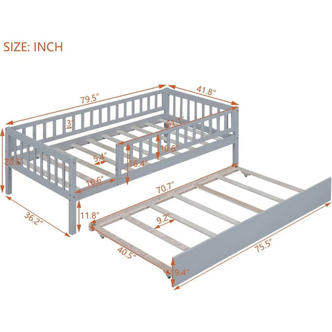 Twin Bed with Trundle, Kids Daybed Trundle Bed, Wooden Beds Frame with Fence Guardrails for Kids Children Toddlers Boys Girls