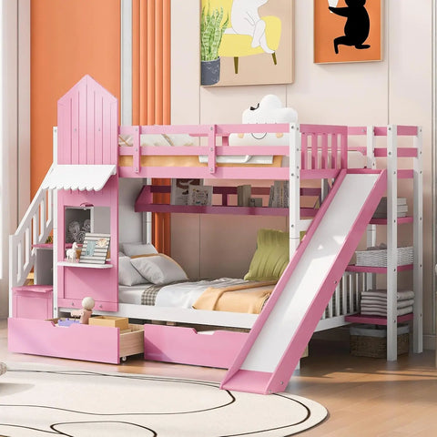 Twin Over Twin Bunk Bed with Stairs and Slide, Solid Wood Bunk Bed Frame with Storage Drawers and Bookshelf, Bunk Bed for Kids