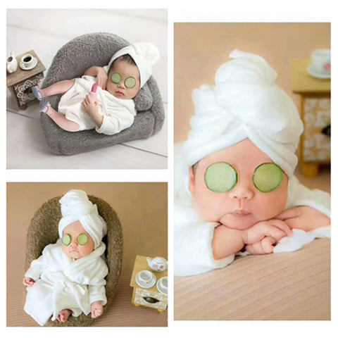 5PCS Newborn Photography Props Baby Girl Bathrobes Bath Towel Outfit with Slippers Cucumber Photo Props for Infant Boys Girls