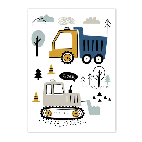 Cartoon Crane Excavator Tractor Truck Wall Art Canvas Painting Nursery Print Child Poster Nordic Wall Pictures Boys Room Decor