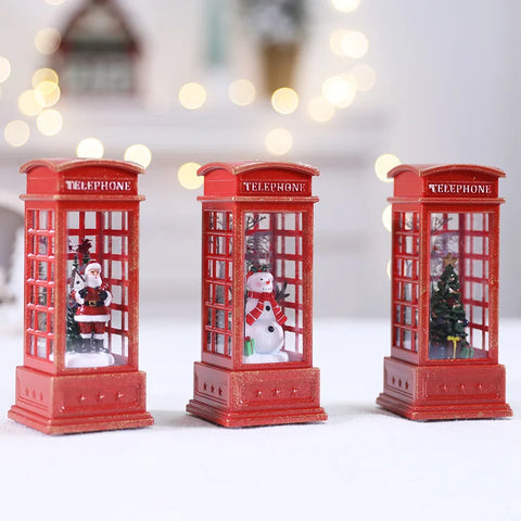 Christmas Themed Snow Globe LED Light-Up, Maroon Phone Booth with Santa, Decorative Christmas Themed Light, 1Pc