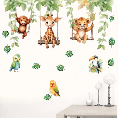 Funny Animals Bird Swinging Wall Stickers Kids Room Decoration Diy Cartoon Monkey Giraffe Lion Mural Art Pvc Posters Home Decals