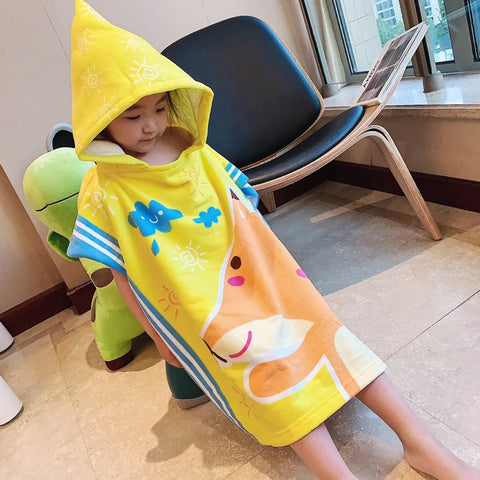 80-130cm Kids Hooded Bath Beach Poncho Towels Baby Quick Dry Bathrobe Child Cartoon Poncho Towels Microfiber Swim Cover-ups