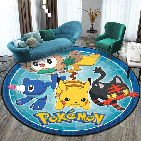 Pokémon Cartoon HD Printed Round Carpet for Living Room Rugs Camping Picnic Mats Flannel Anti-Slip Rug Yoga Mat Gifts