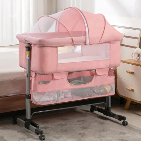 Baby Bassinet, Bedside Sleeper with Wheels, Heigt Adjustable, for Infant/Baby/Newborn Girls & Boys 0-6 Months, Pink