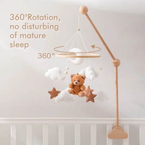 Wooden Crib Mobile Baby Bed Bell Rattle Toy Soft Felt Cartoon Bear Mobile Hanging Newborn Music Box Bed Bell Hanging Bracket Toy