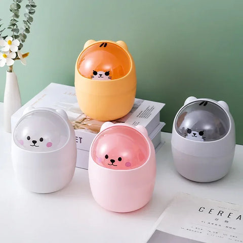 Ins Style Creative Cute Home Desktop with Lid Trash Can Small Mini Kawaii Bedroom Desk Storage Box Pen Holder Give A Sticker