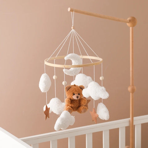 Wooden Crib Mobile Baby Bed Bell Rattle Toy Soft Felt Cartoon Bear Mobile Hanging Newborn Music Box Bed Bell Hanging Bracket Toy