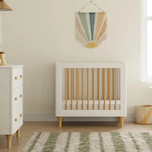 Combined 1 Convertible Mini Crib and Double Bed with White and Natural Toddler Bed Conversion Kit