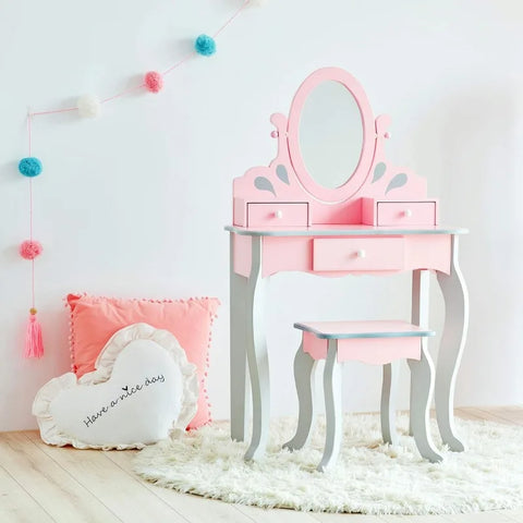 Play Vanity Set with Three Storage Drawers, Rotating Oval Mirror and Matching Stool to Play Dress-Up, Pink and Gray