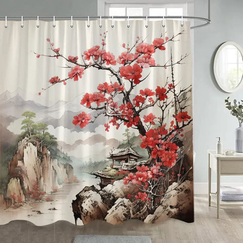 Japanese Style Flowers Bird Shower Curtain Abstract Mountain Red Floral Plant Ink Art Landscape Fabric Decor Bathroom Curtains