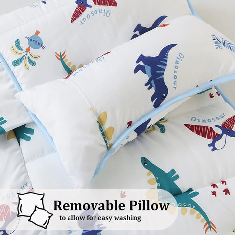 Dinosaurs Printed Sleeping Bag with Removable Pillow Soft Sleeping Mat for Boys Girls Preschool Ages 3-6 Years 100% Cotton