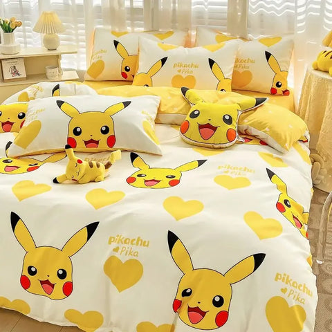 Pokemon Series Eevee Dragon 100% Cotton 4-piece set, Children's Cartoon 3-piece set of Sheet Pillowcase Quilt Cover