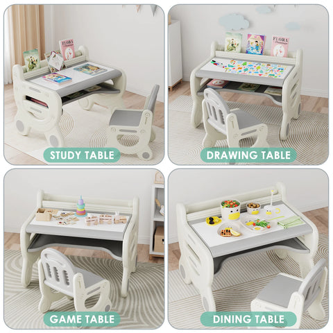 Kids Drawing Table and Chair Set with Pens & Blackboard Eraser Toddlers Art Activity Table Set, Gray & White