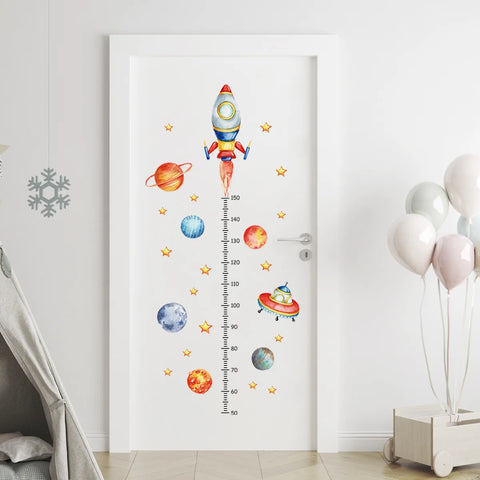 Cartoon Planet Rocket Height Measurement Wall Stickers for Kids Room Baby Boy Room Height Roller Grow Up Chart Wall Decals Mural