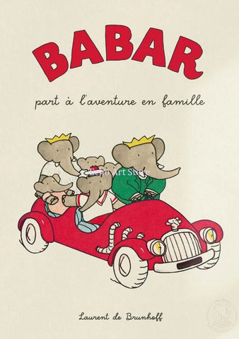 Cartoon Elephant Babar Family Car Cute Yoga Anime Poster and Prints Canvas Printing Wall Art Picture for Kids Room Nursery Decor