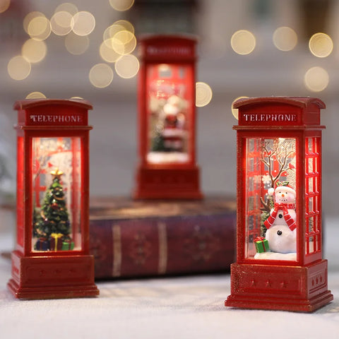 Christmas Themed Snow Globe LED Light-Up, Maroon Phone Booth with Santa, Decorative Christmas Themed Light, 1Pc