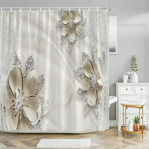 Elegant Bouquet of Fantastic White Flowers 3D Style Shower Curtain Bathroom Curtain with Bath Rug Carpet Set Floral Home Decor