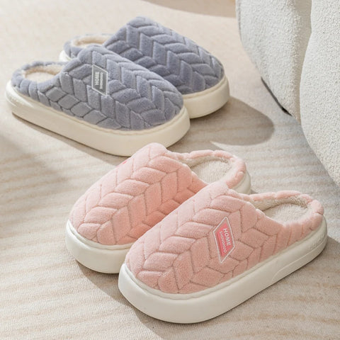 New Fashion Concise Couple Winter Toe Wrap Warm Fluffy Slippers Soft Non-slip Slides For Women Men Indoor Flat Home Cotton Shoes