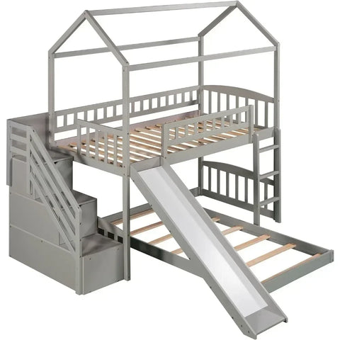 House Bunk Beds with Slide Wood Twin Bunk Bed with Stairs for Kids, House Bunk with Roof for Boys or Girls, Beds House