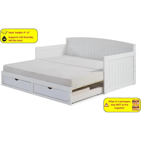 Harmony Wood Daybed, Single, White Brazilian Pine Trundle Bed for Sleepovers with Kids, 2 Pull-Out Drawers, 440 lbs Weight