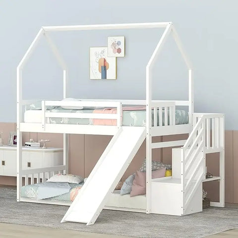 House Bunk Beds with Slide Wood Twin Bunk Bed with Stairs for Kids, House Bunk with Roof for Boys or Girls, Beds House