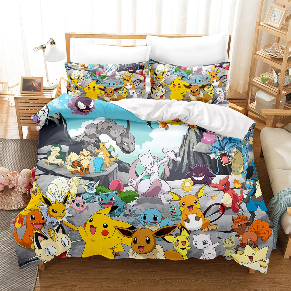 Pokémon Bedding Set  3D Children'S Bedding Set 3-Piece 1 Quilt Duvet Cover King Size Twin Covers Children Printed 100% Polyester