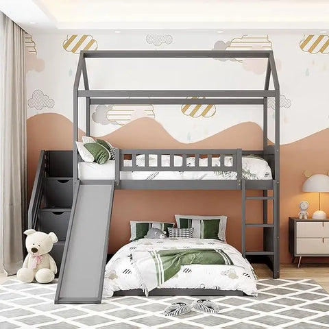 House Bunk Beds with Slide Wood Twin Bunk Bed with Stairs for Kids, House Bunk with Roof for Boys or Girls, Beds House