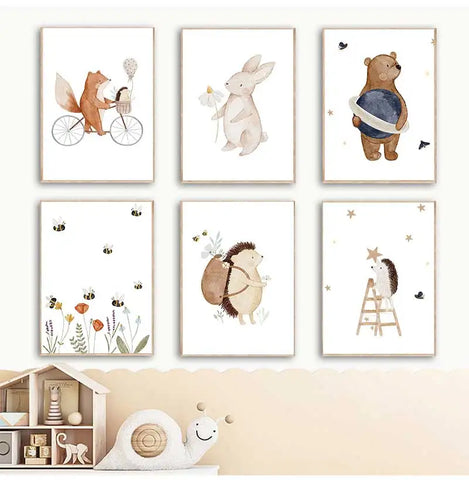 Boho Cartoon Canvas Painting, Fox, Rabbit, Bee, Bear, Hedgehog, Flower Posters, Art Prints, Wall Photos, Baby, Kids Room